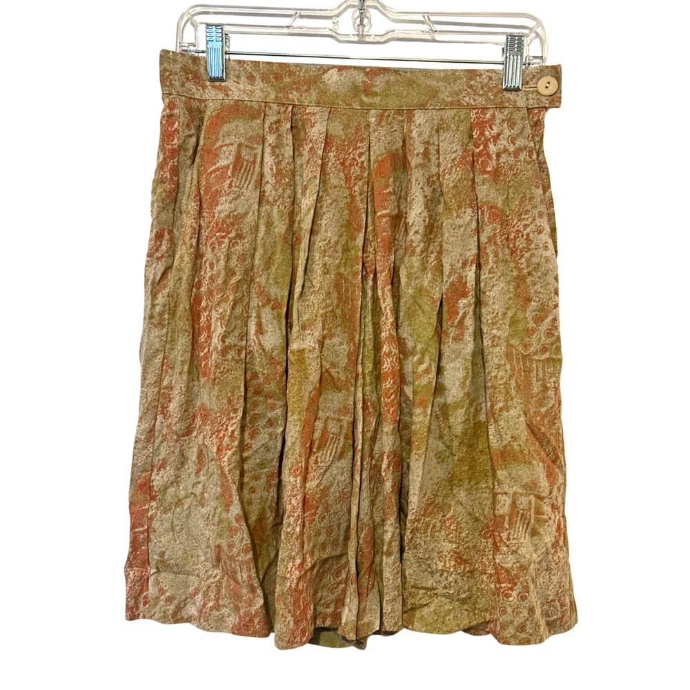 Ali Miles Petites 10 Earth Tone Abstract Pleated Midi Skirt Boho Hippie Rayon